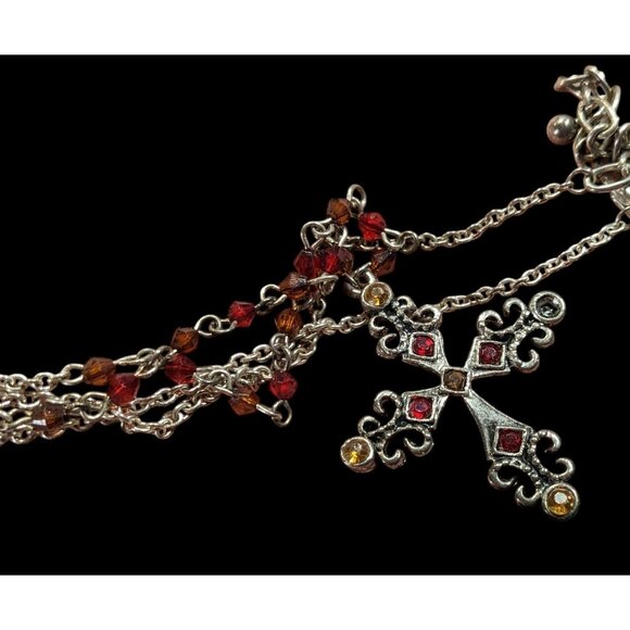 Gothic Medieval Red And Yellow Beaded Silver Tone Cross Necklace - Picture 5 of 6